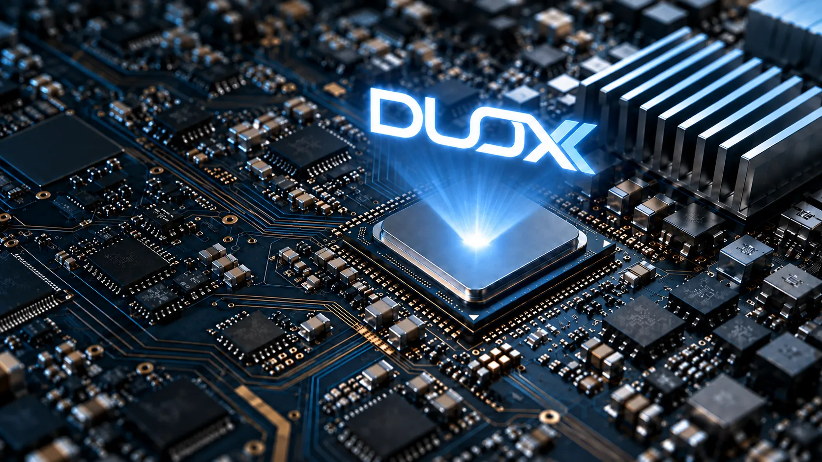 A chip on a circuit board with the DUOX mark above it.