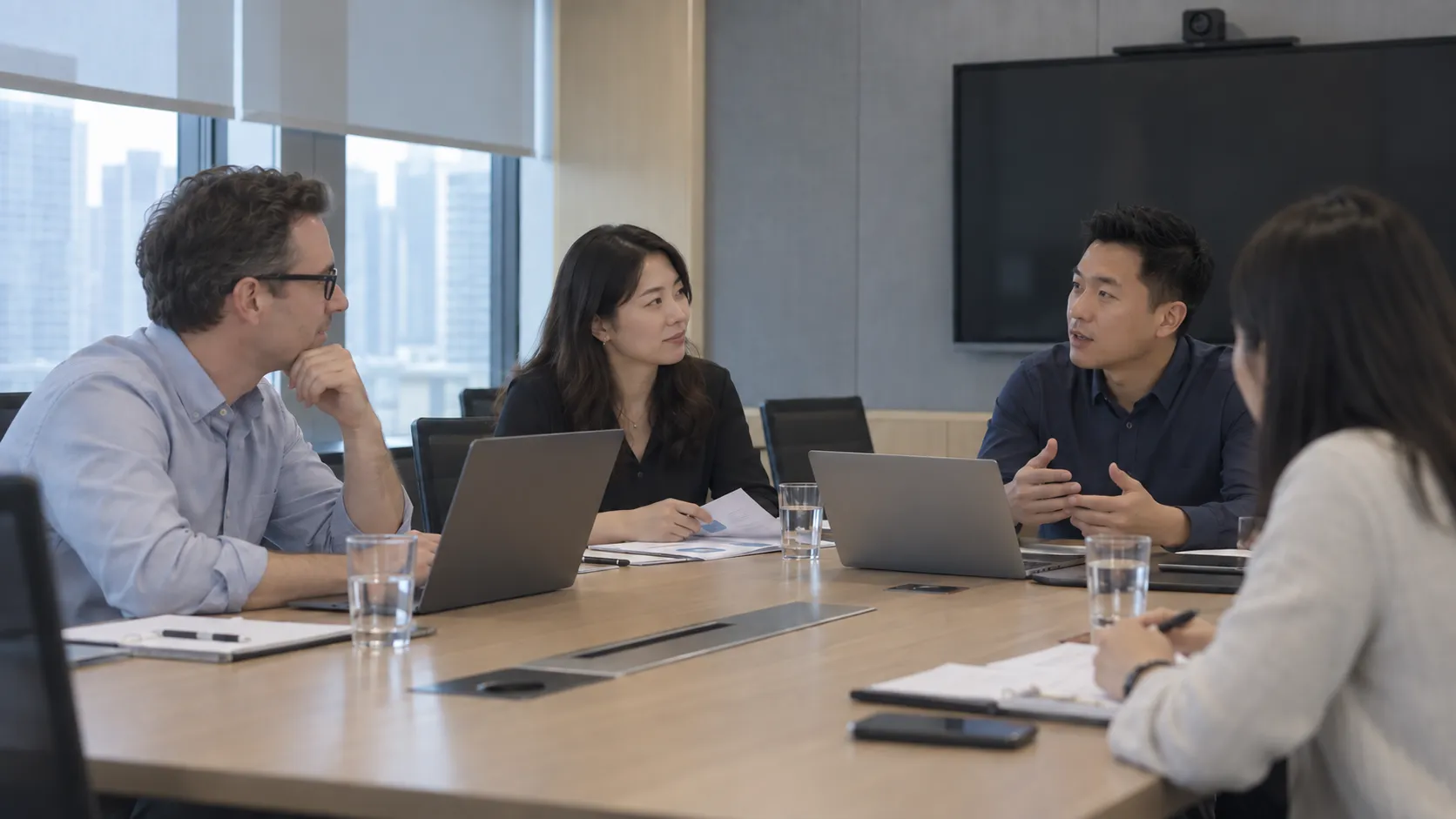 A team discussing supply and purchasing in a meeting room.